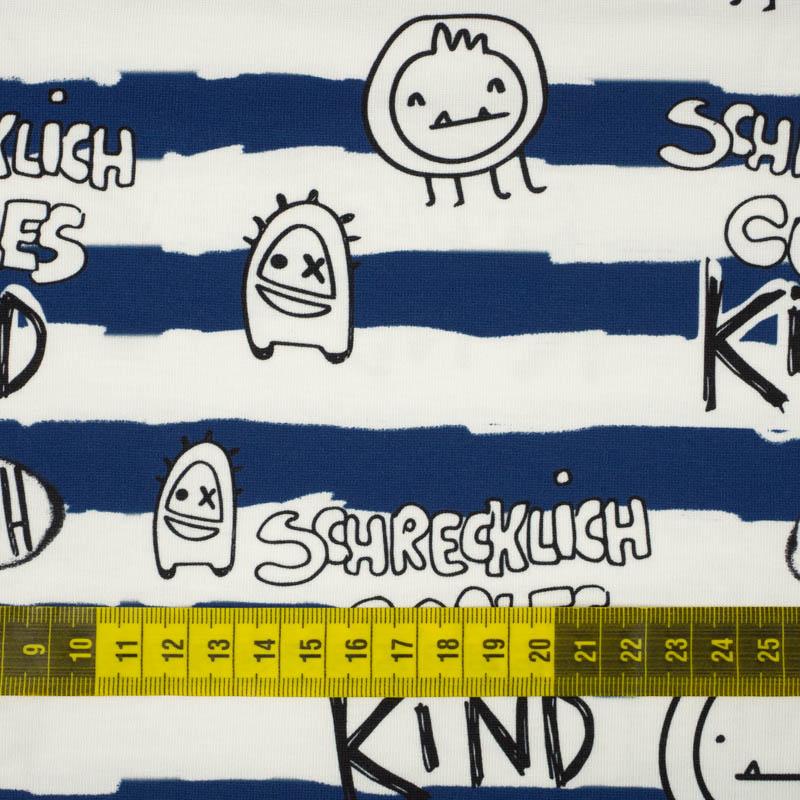 SCHRECKLICH COOLES KIND / tmavě modré pruhy (ŠKOLNÍ KRESBY) - Hydrofobní česaná teplákovina