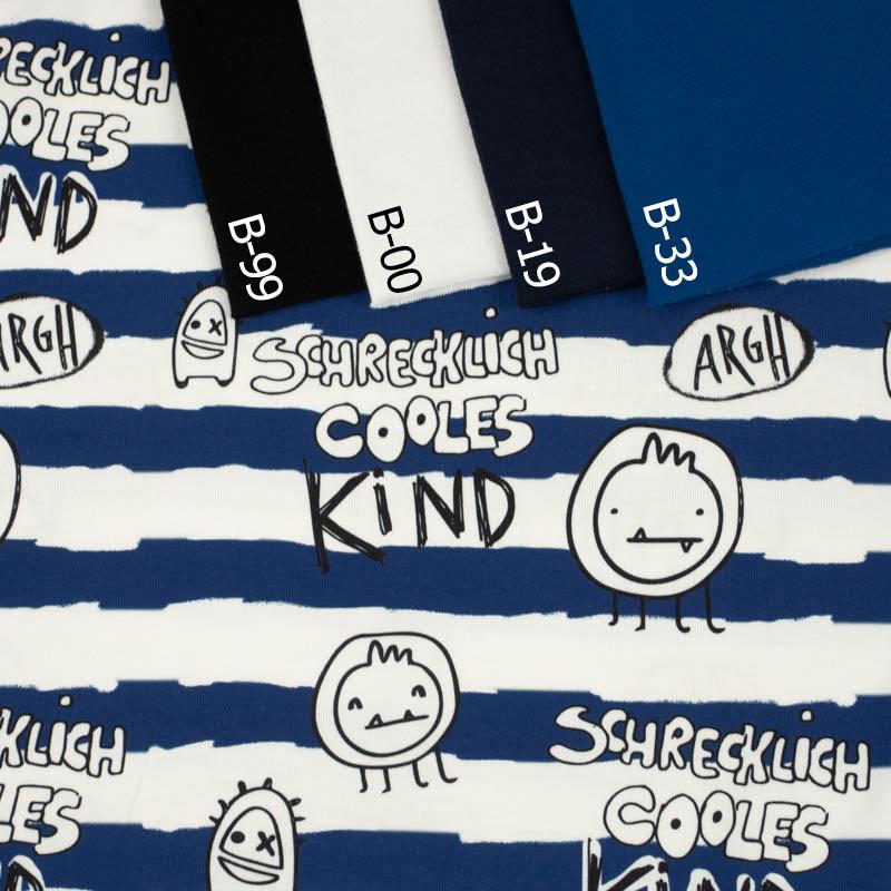 SCHRECKLICH COOLES KIND / tmavě modré pruhy (ŠKOLNÍ KRESBY) - Hydrofobní česaná teplákovina