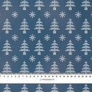 VÁNOČNÍ STROMKY A SNĚHOVÉ VLOČKY / (acid) tmavomodrý (NORSKÉ VZORY) - Hydrofobní česaná teplákovina