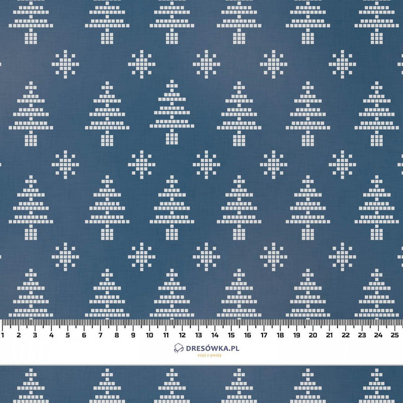 VÁNOČNÍ STROMKY A SNĚHOVÉ VLOČKY / (acid) tmavomodrý (NORSKÉ VZORY) - Hydrofobní česaná teplákovina