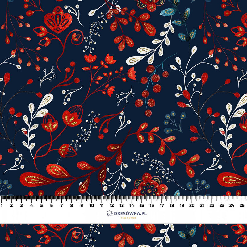 FOLK FLORAL vz. 1 / červená (FOLK LES) - Hydrofobní česaná teplákovina