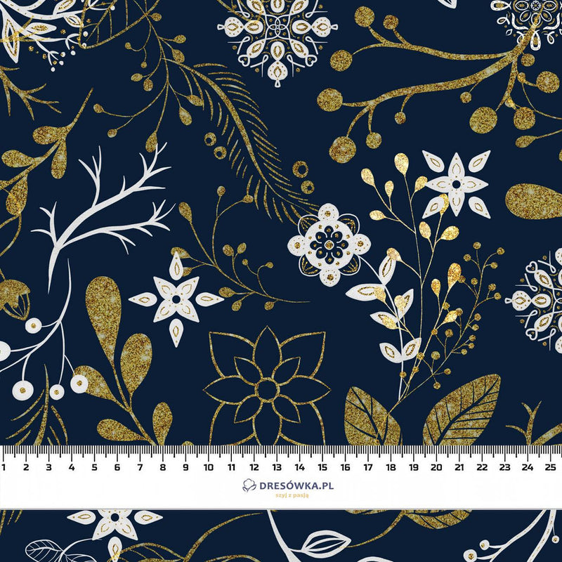 FOLK FLORAL vz. 1 / zlatý (FOLK LES) - Hydrofobní česaná teplákovina