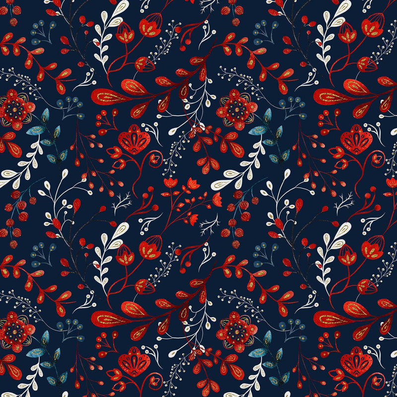 FOLK FLORAL vz. 1 / červená (FOLK LES) - Hydrofobní česaná teplákovina