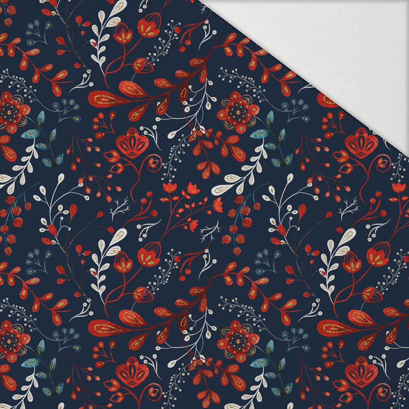 FOLK FLORAL vz. 1 / červená (FOLK LES) - Hydrofobní česaná teplákovina